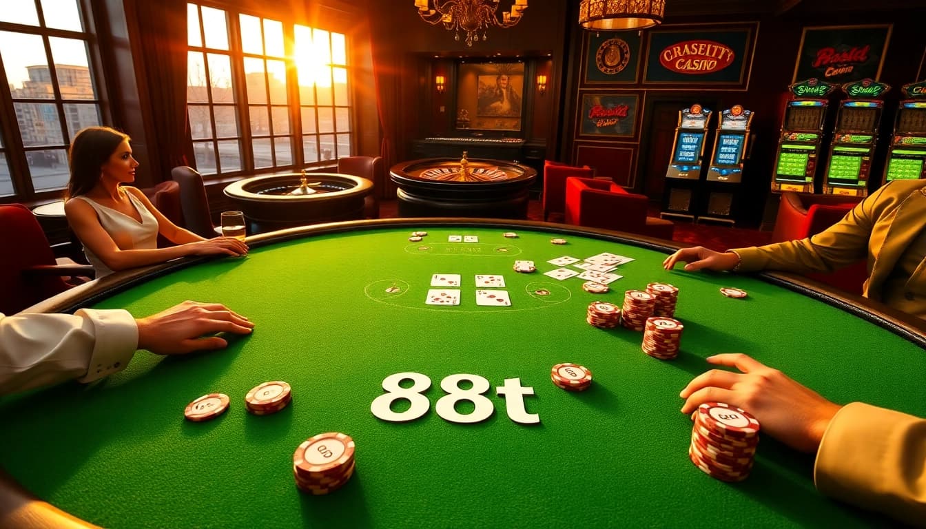 Stake your bets at a vibrant poker table in a luxurious casino featuring 88t-themed chips.