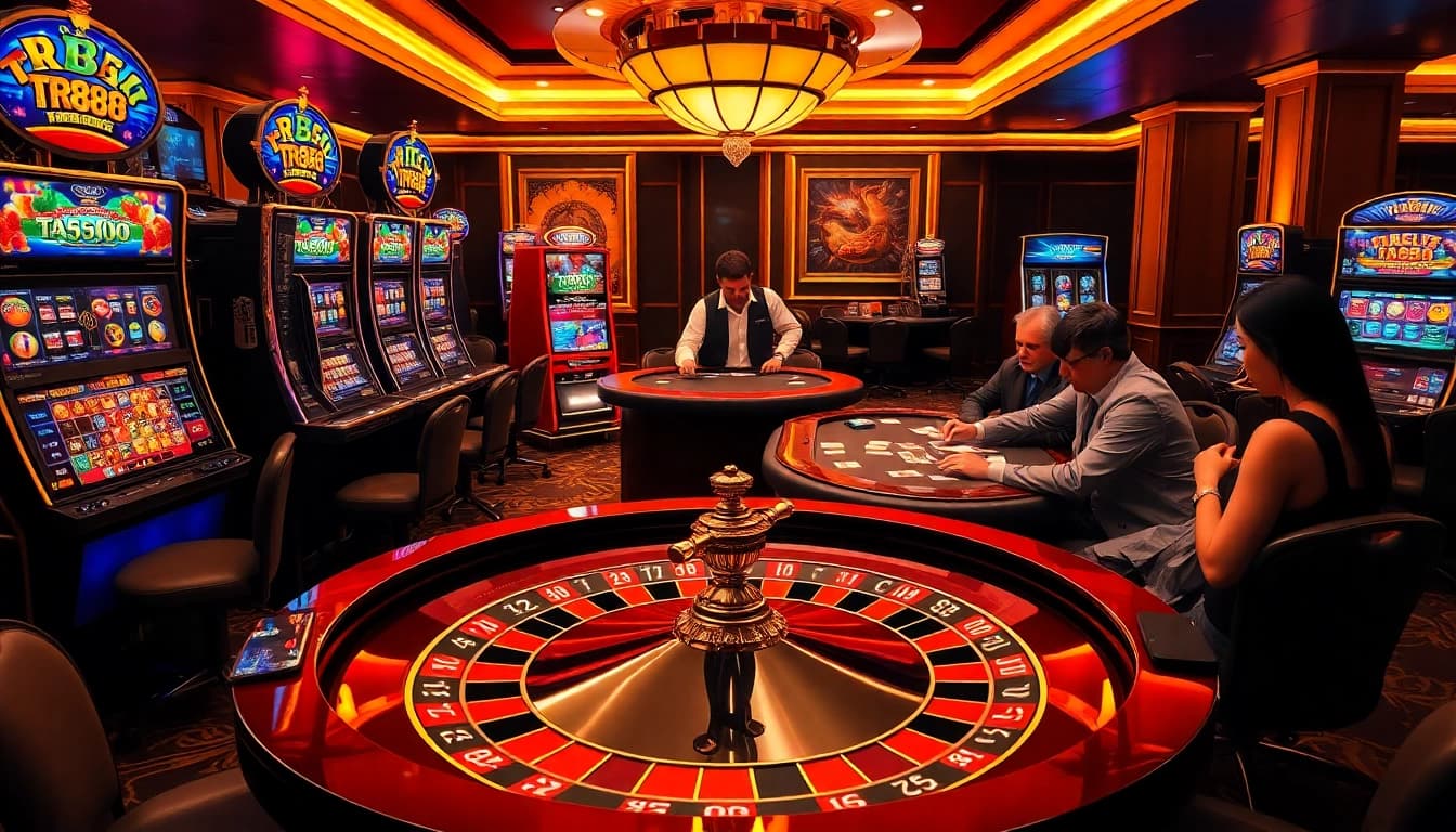 Players engage in thrilling games at the TR88 casino, featuring roulette, poker, and slot machines.