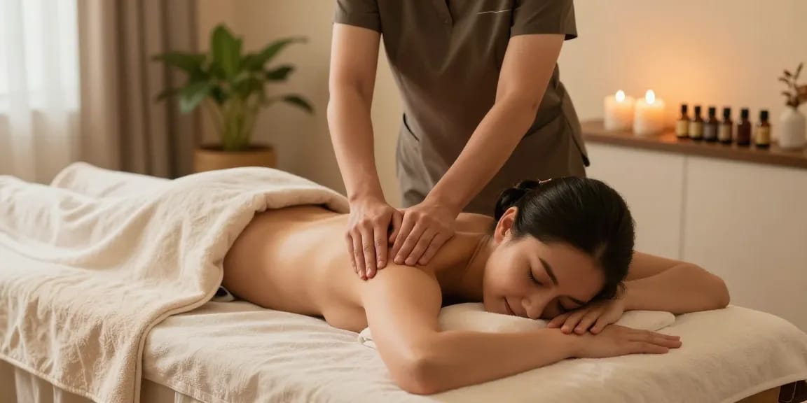 편안한 1인샵 마사지 치료 장면에서 고객에게 스웨디시 마사지를 제공하는 관리사