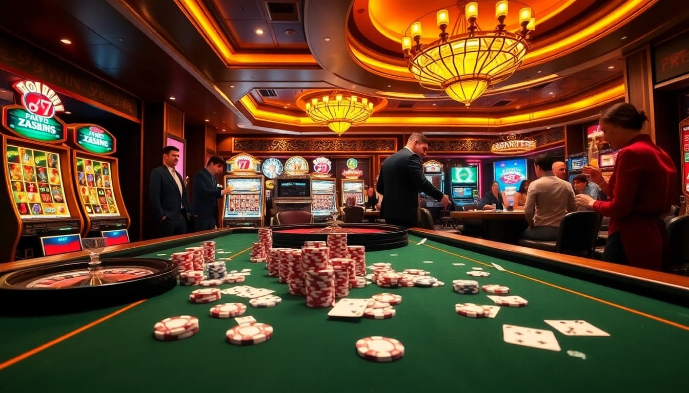 A thrilling casino scene showcasing 99WIN with poker chips, cards, and bustling slot machines.