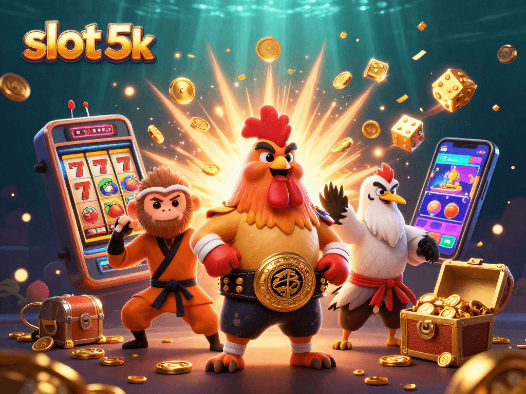 Win big with slot 5k in this dynamic scene featuring vibrant casino characters and exciting game elements.