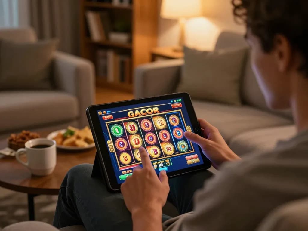 Engaged player spinning a slot gacor game on a tablet, emphasizing cozy home gaming experience.