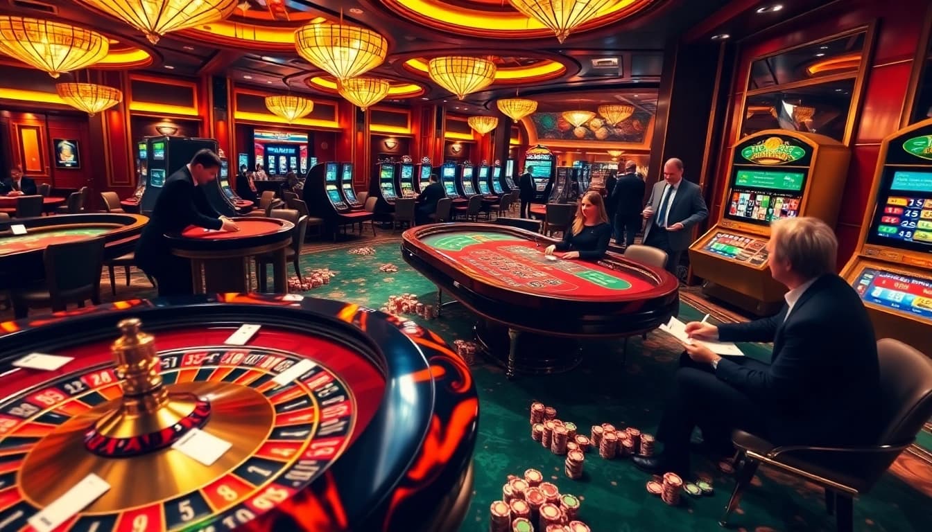 Players engaging in thrilling games at XX 88's vibrant casino tables, showcasing luxury and excitement.