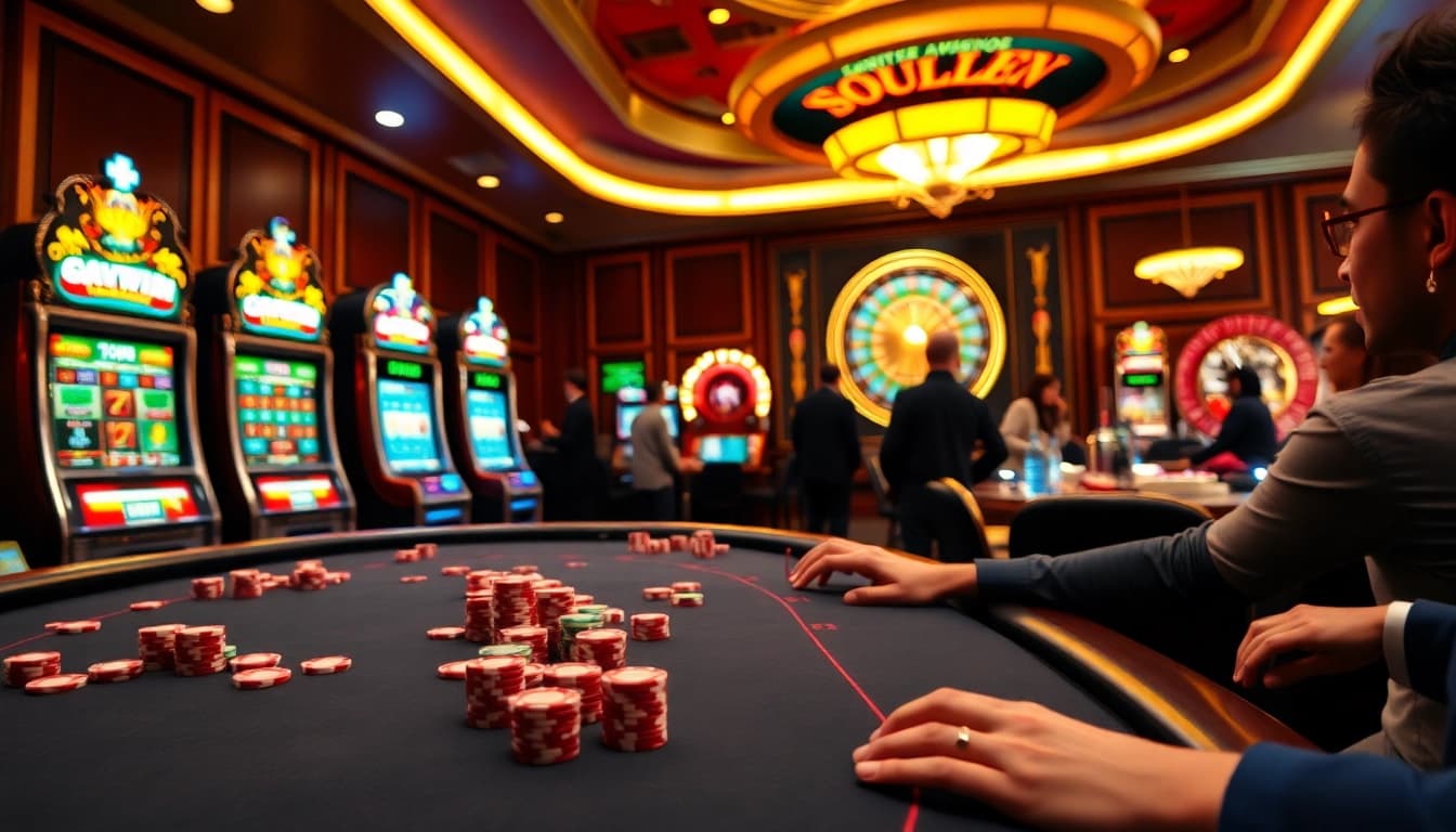 Experience the excitement of sunwin as players engage in high-stakes poker at a luxurious casino table.