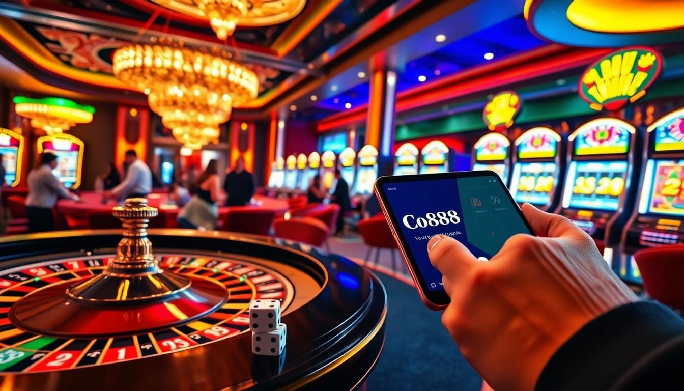 Experience the thrill of Co88 with luxurious casino elements like roulette, slots, and engaging players in action.