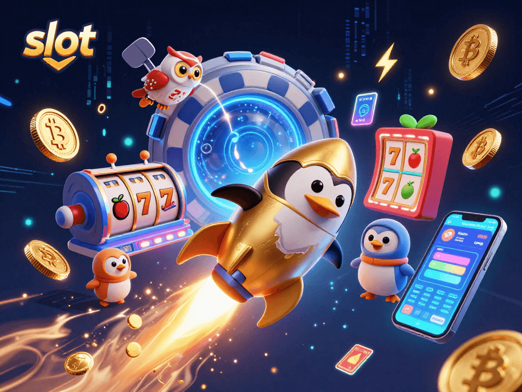 Slot yang menarik dengan penguin emas dan simbol jackpot, menunjukkan peluang menang di kasino.