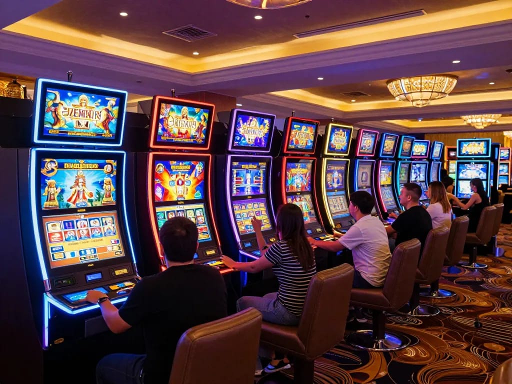 Pemain menikmati mesin slot zeus di suasana kasino yang hidup sambil mencari kemenangan