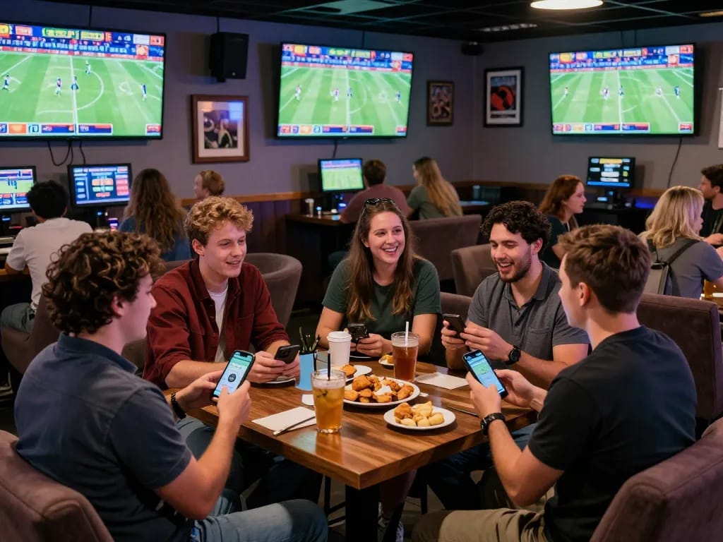 KQBD sports fans cheering and placing bets on live matches in a lively betting lounge.