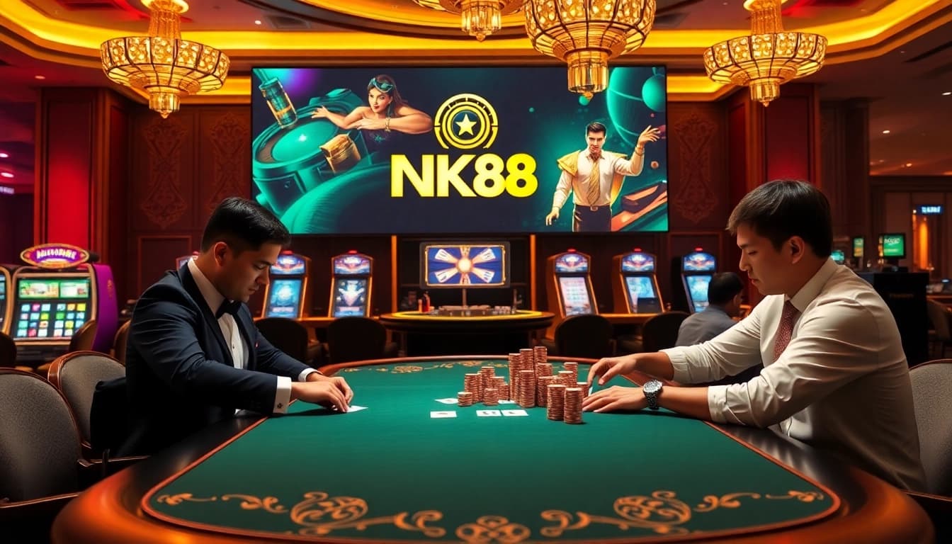 Play poker at NK88 with professional dealers, vibrant lights, and luxurious atmosphere.