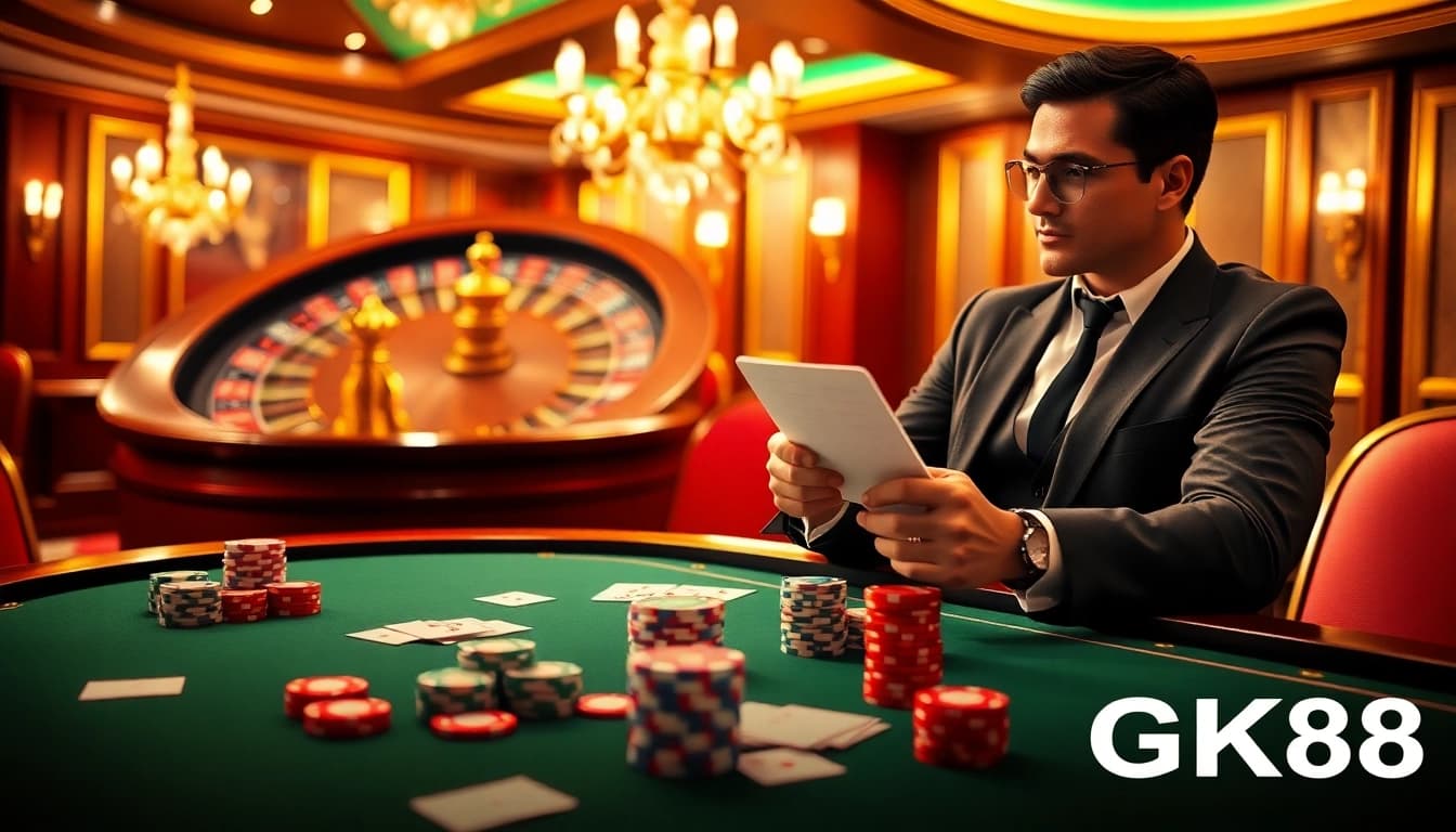 Experience the thrill of GK88 with vibrant poker chips and a spinning roulette wheel in an elegant casino setting.