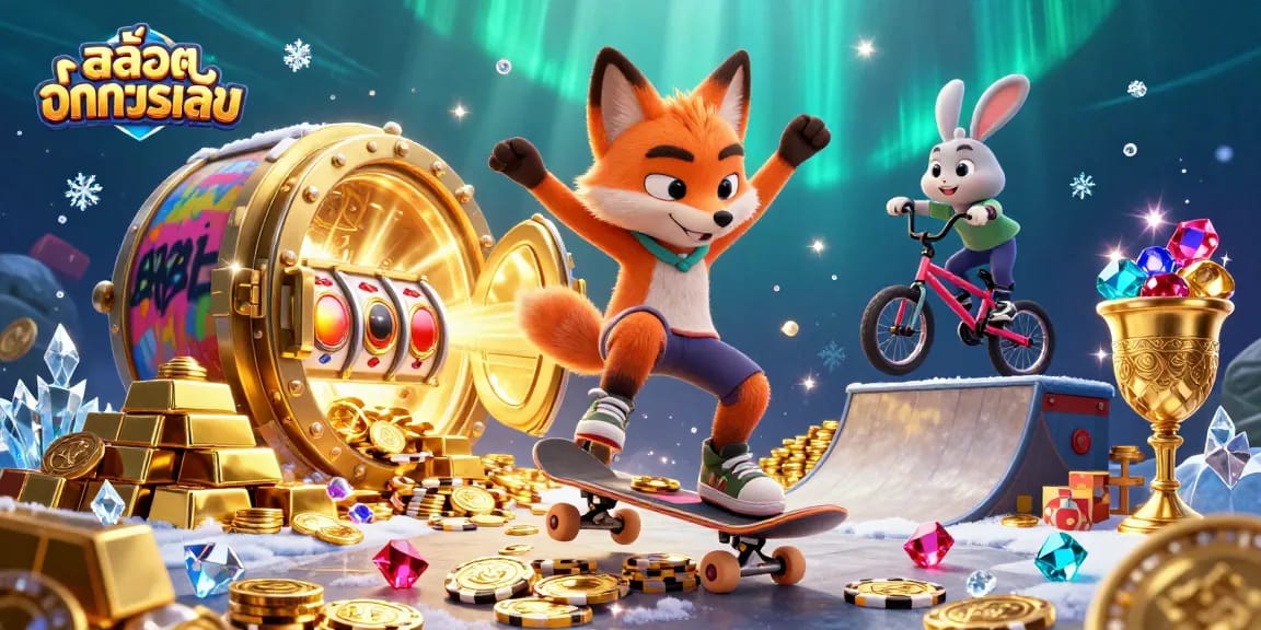 Experienceสล็อตทดลองเล่น with fun characters hitting golden poker chip ramps and vibrant casino elements.