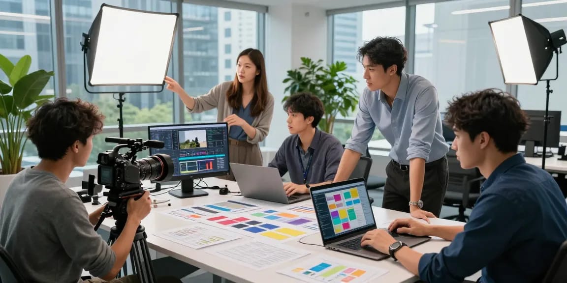 Corporate Video Production Company in Singapore team collaborating creatively in a modern studio environment.