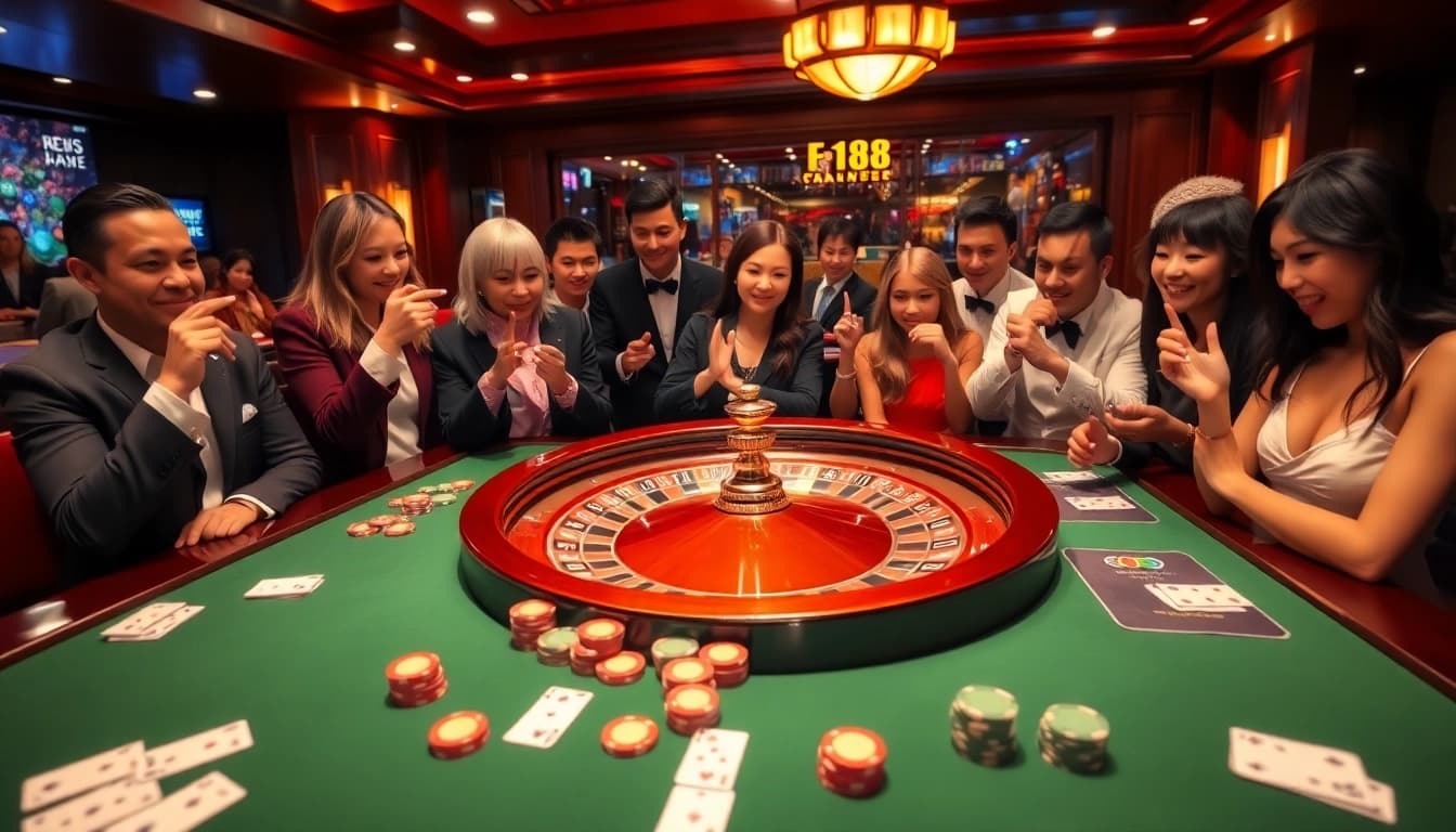 F168 casino tables with intense players and vibrant poker chips in a luxurious setting.