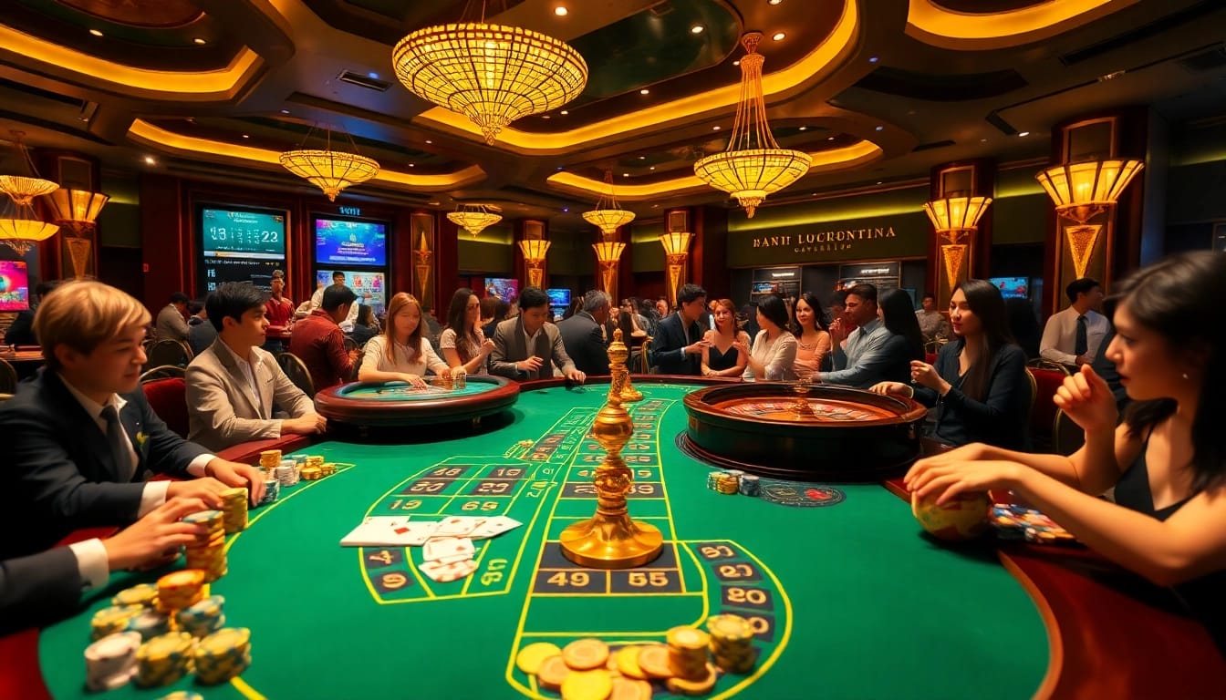 Join the excitement at mm88 with vibrant casino action featuring tables and players in a luxurious setting.