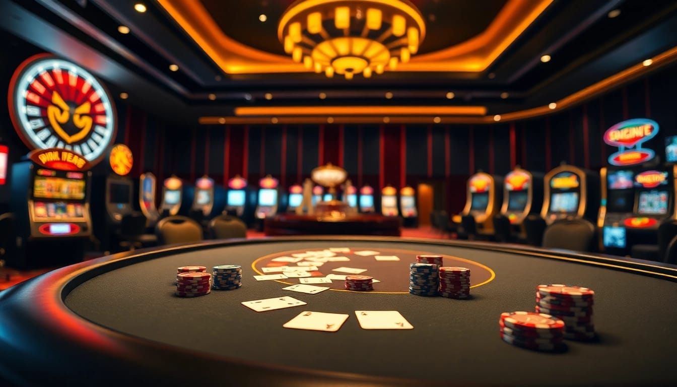 S8 poker table with vibrant chips and cards in a luxurious casino environment.