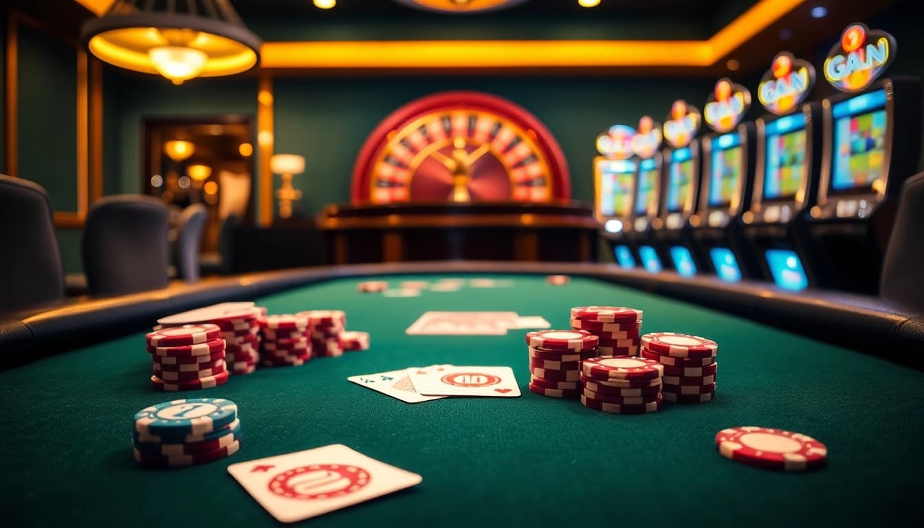 Tindakan poker online yang menarik di meja kasino mewah dengan chip dan kartu yang berwarna-warni.