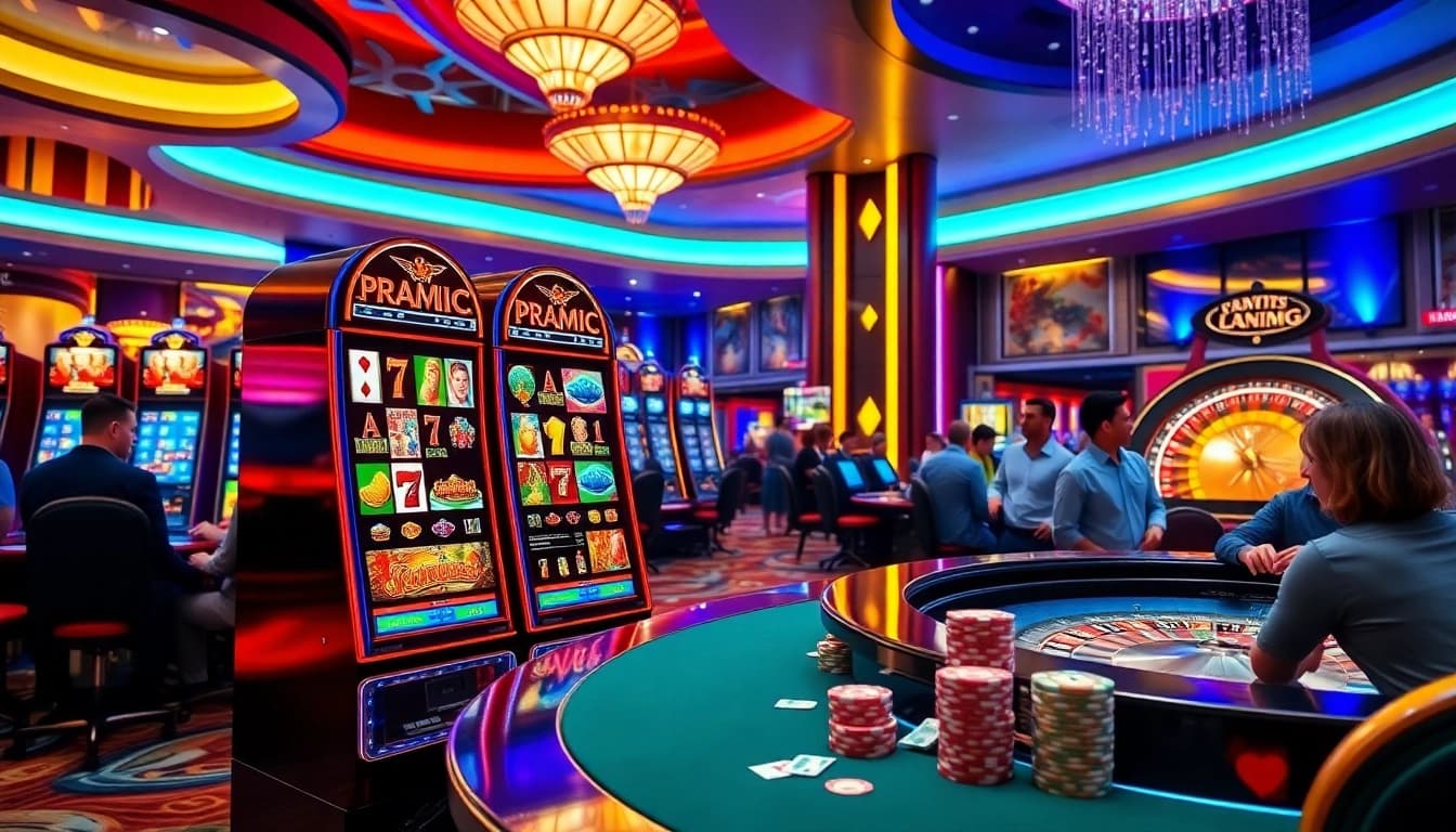 Engaged players enjoying a vibrant pragmatic slot machine at a luxurious casino.