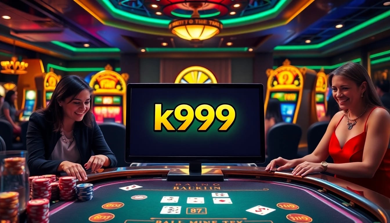 Players engaging in the k9k9 game inside a vibrant casino scene, with poker chips and illuminated slot machines.