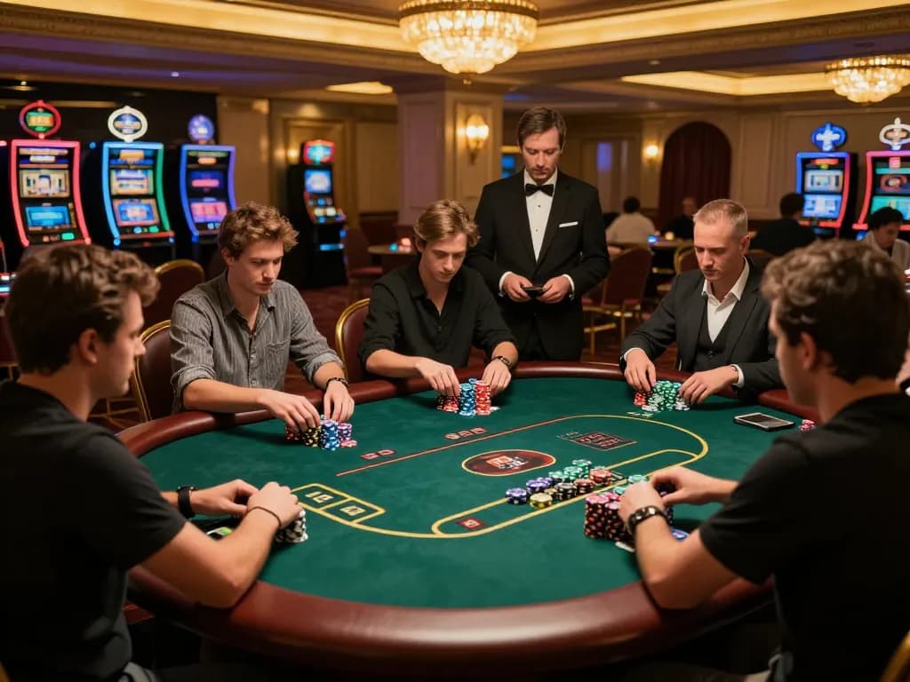 Players at okwin poker table strategizing their bets in an upscale casino.