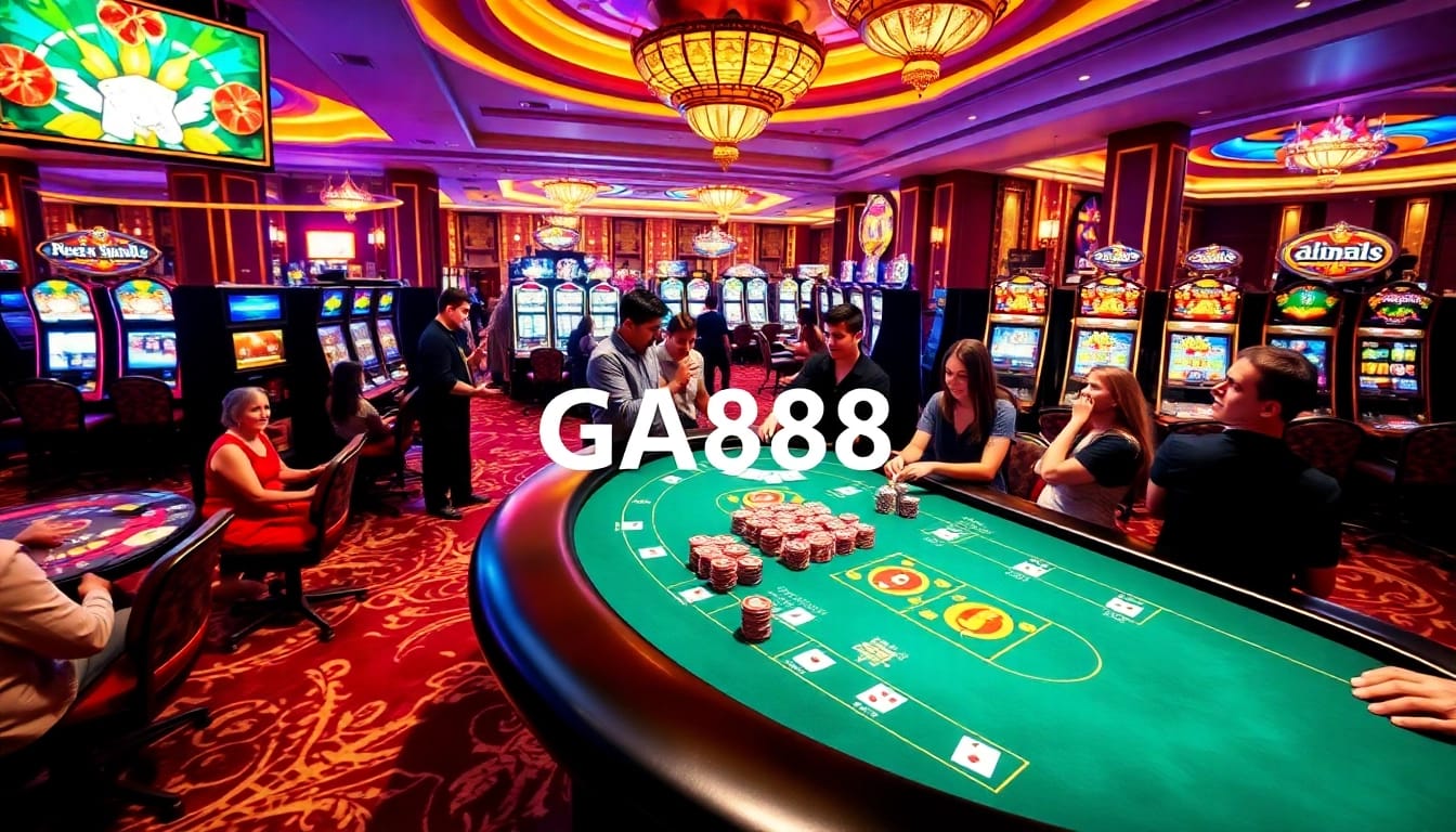 Exciting gambling scene at GA888 with poker cards and chips in a luxurious casino.