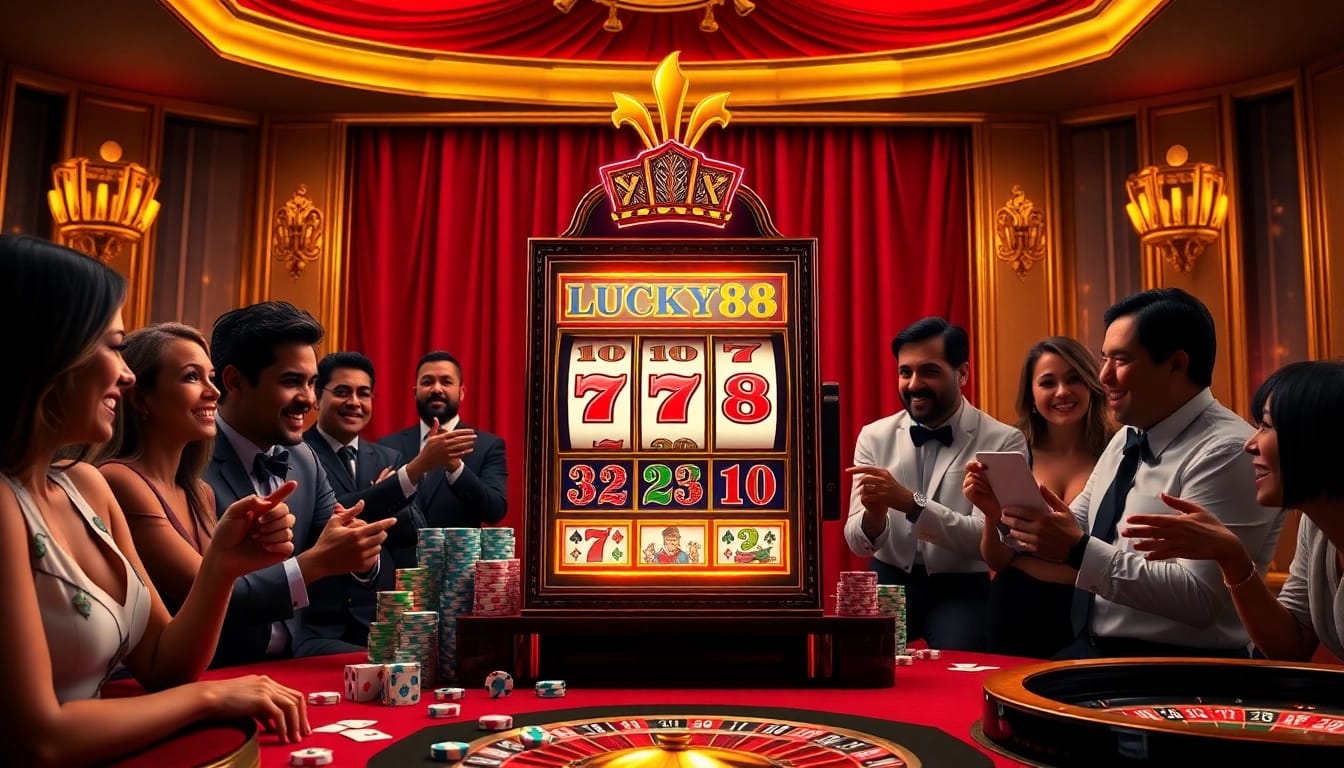 Experience excitement at the LUCKY88 slot machine surrounded by vibrant casino elements.