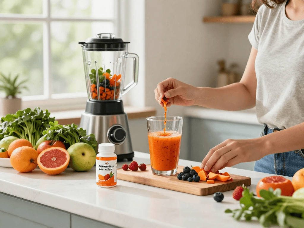 Discover the benefits of astaxanthin Canada in a vibrant kitchen smoothie scene.