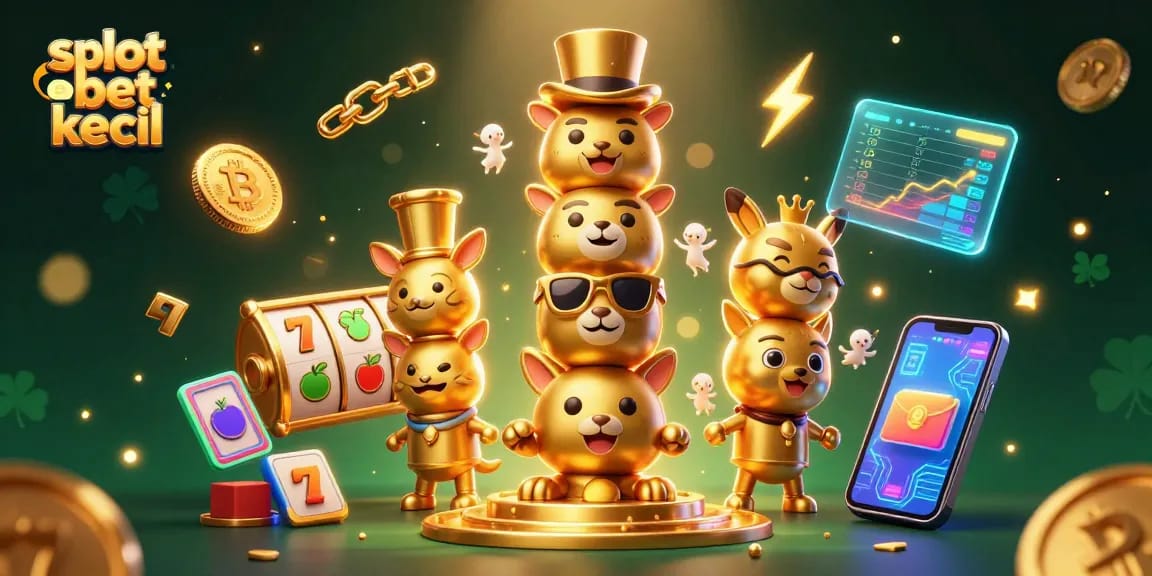 Slot bet kecil menghadirkan momen beruntung dengan simbol slot dan koin cryptocurrency yang bersinar.