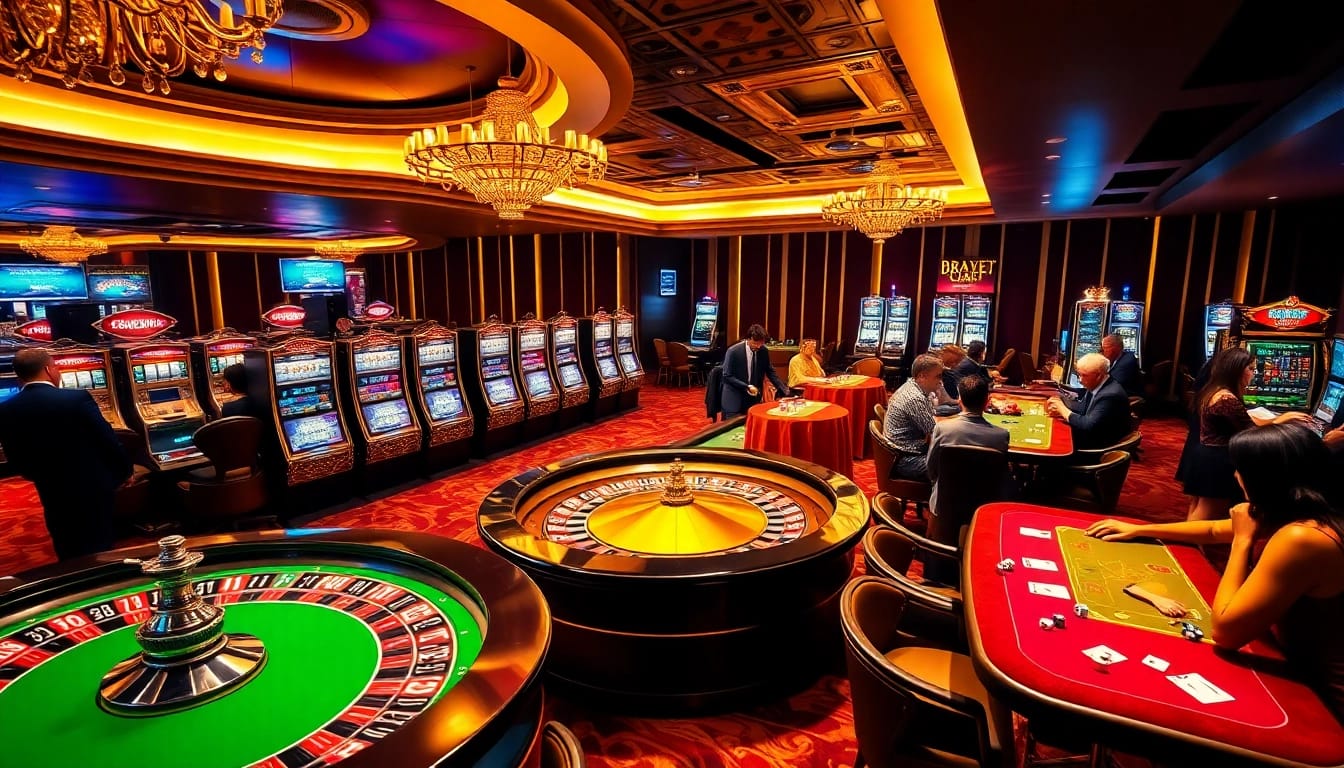 Experience the thrill of BRABET with players engaging at luxurious casino tables, showcasing dice, cards, and roulette.