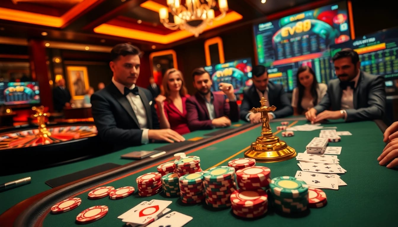 Players engaging in thrilling ev88 bet action at a luxurious casino poker table with vibrant chips.