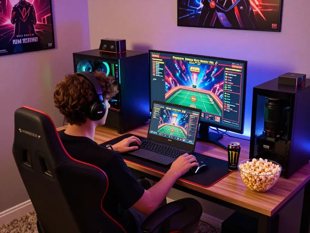 Engaged gamer playing online at vegasslot77 in a vibrant LED-lit gaming space, showcasing a thrilling atmosphere.