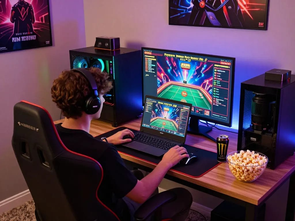 Engaged gamer playing online at vegasslot77 in a vibrant LED-lit gaming space, showcasing a thrilling atmosphere.