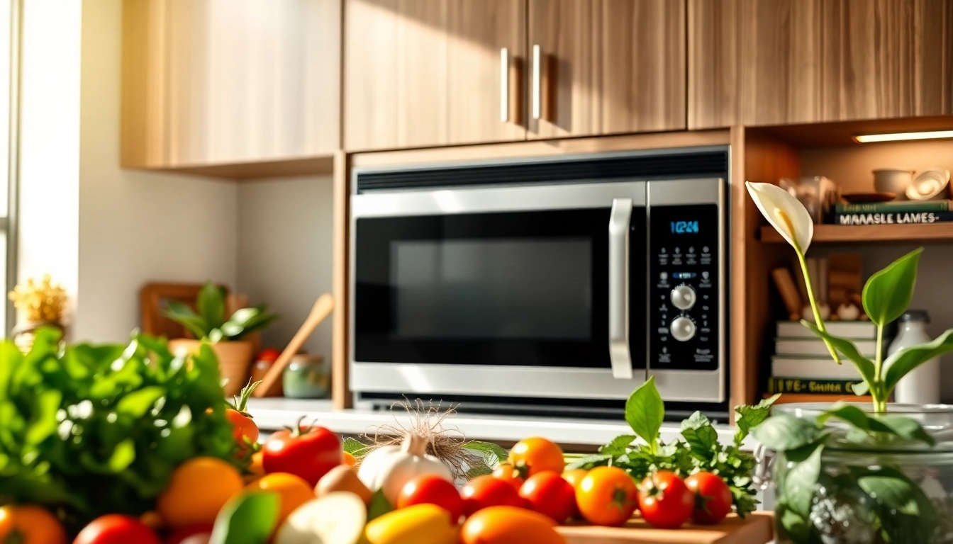 Chef cooking with a modern microwave oven, showcasing its sleek design and functionality.