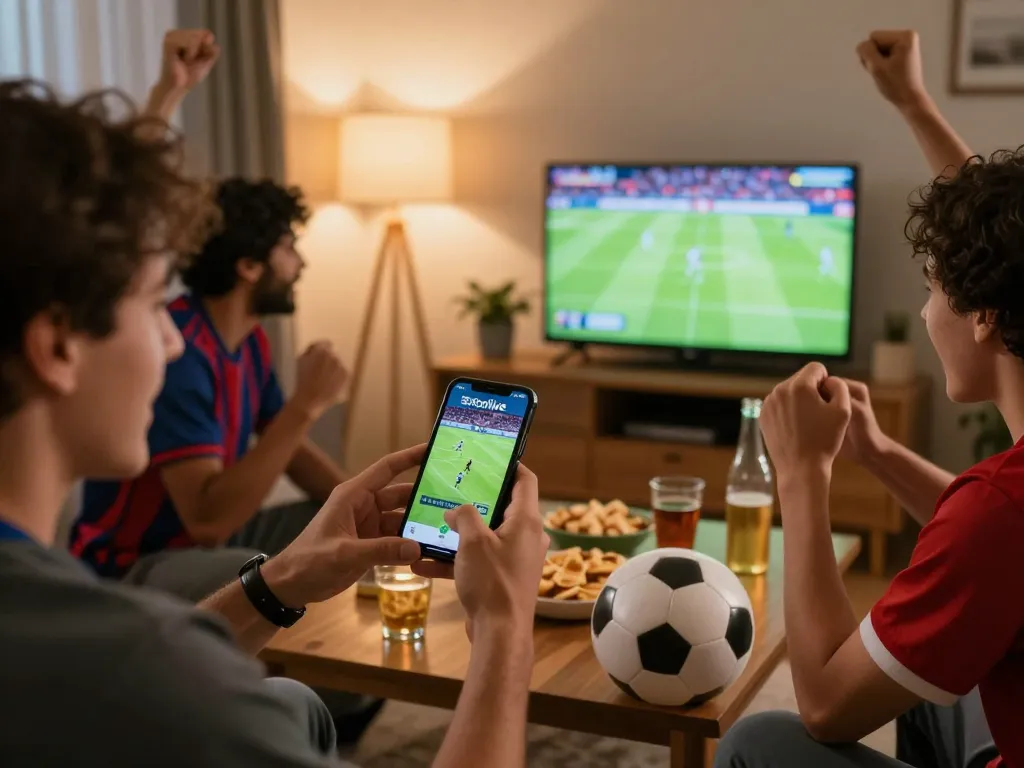 Socolive user enjoying a live football match on smartphone in a cozy home setting.