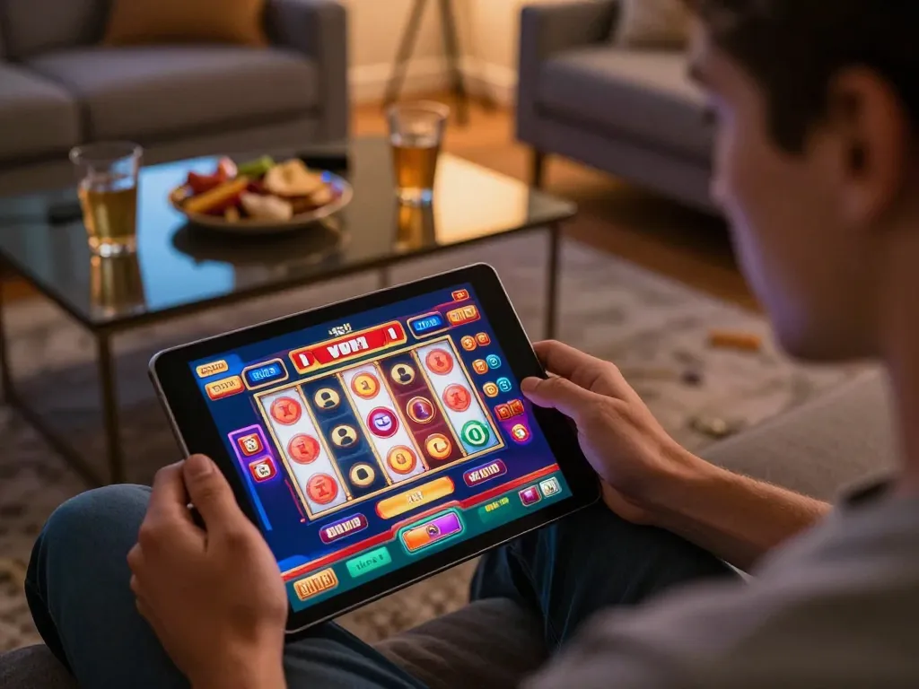 Engaged player enjoying sites not on gamstop while using a tablet in a cozy living room.
