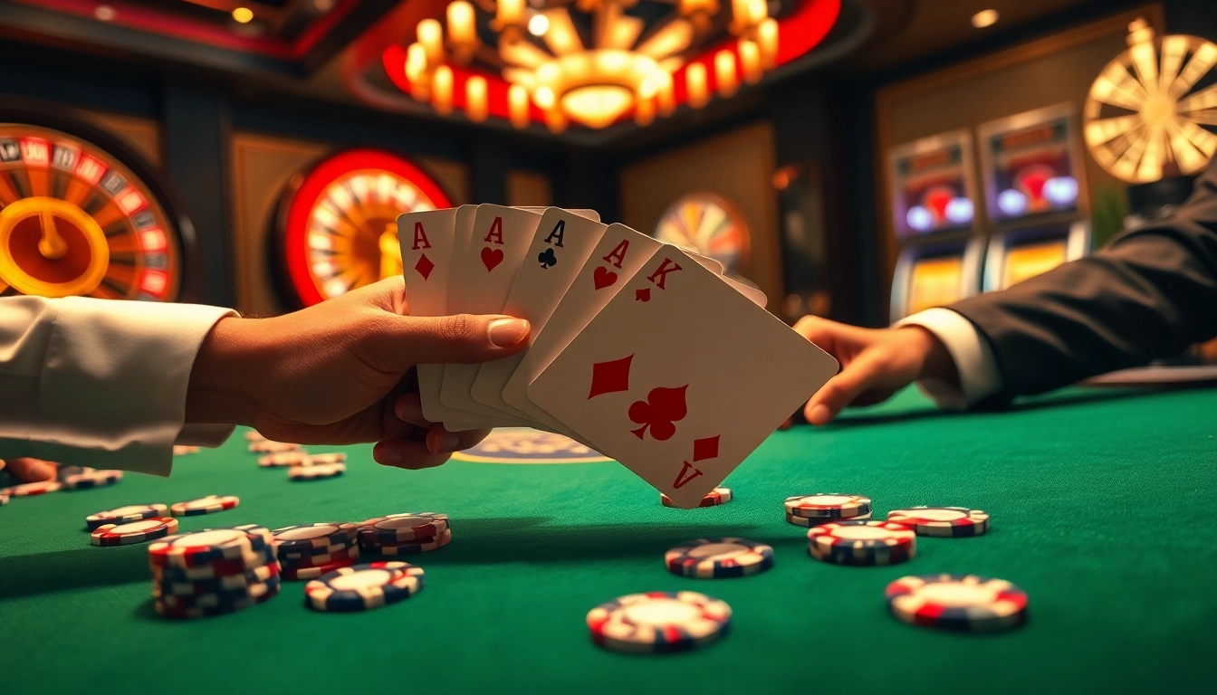 Experience the thrill of winning at https://98winwi.com/ with a vibrant poker scene featuring players and high-stakes chips.