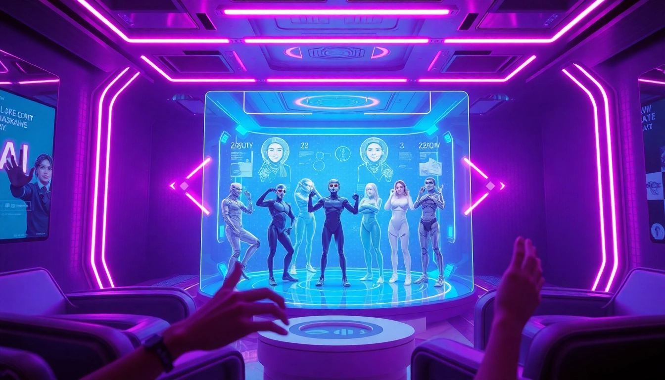 Vibrant NSFW AI chat room showcasing holographic characters and interactive elements.