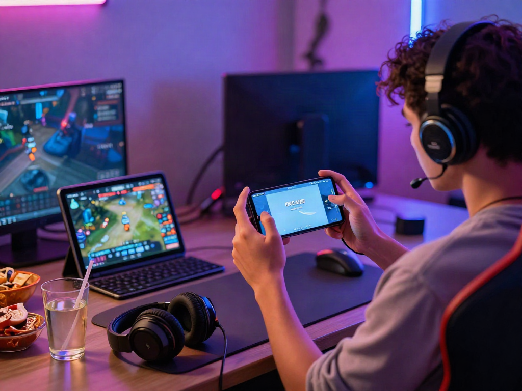 Engaged gamer playing ORION88 on a smartphone in a cozy gaming setup.
