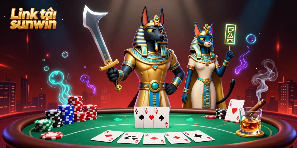 Engage with Link tải sunwin through an illustrated poker scene featuring Anubis and Bastet in a dynamic casino setting.