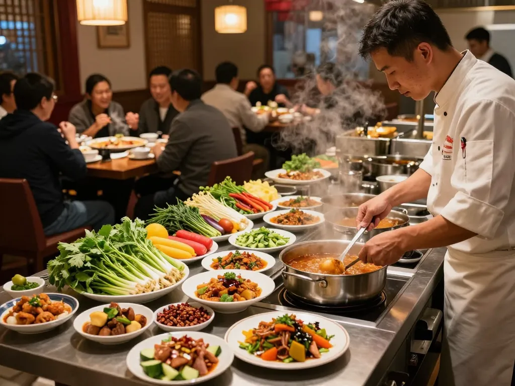 A bustling kitchen scene at Chamber Red Chinese Bistro with chef preparing colorful dishes while guests enjoy meals, highlighting 88Pulsa's vibrant dining experience.