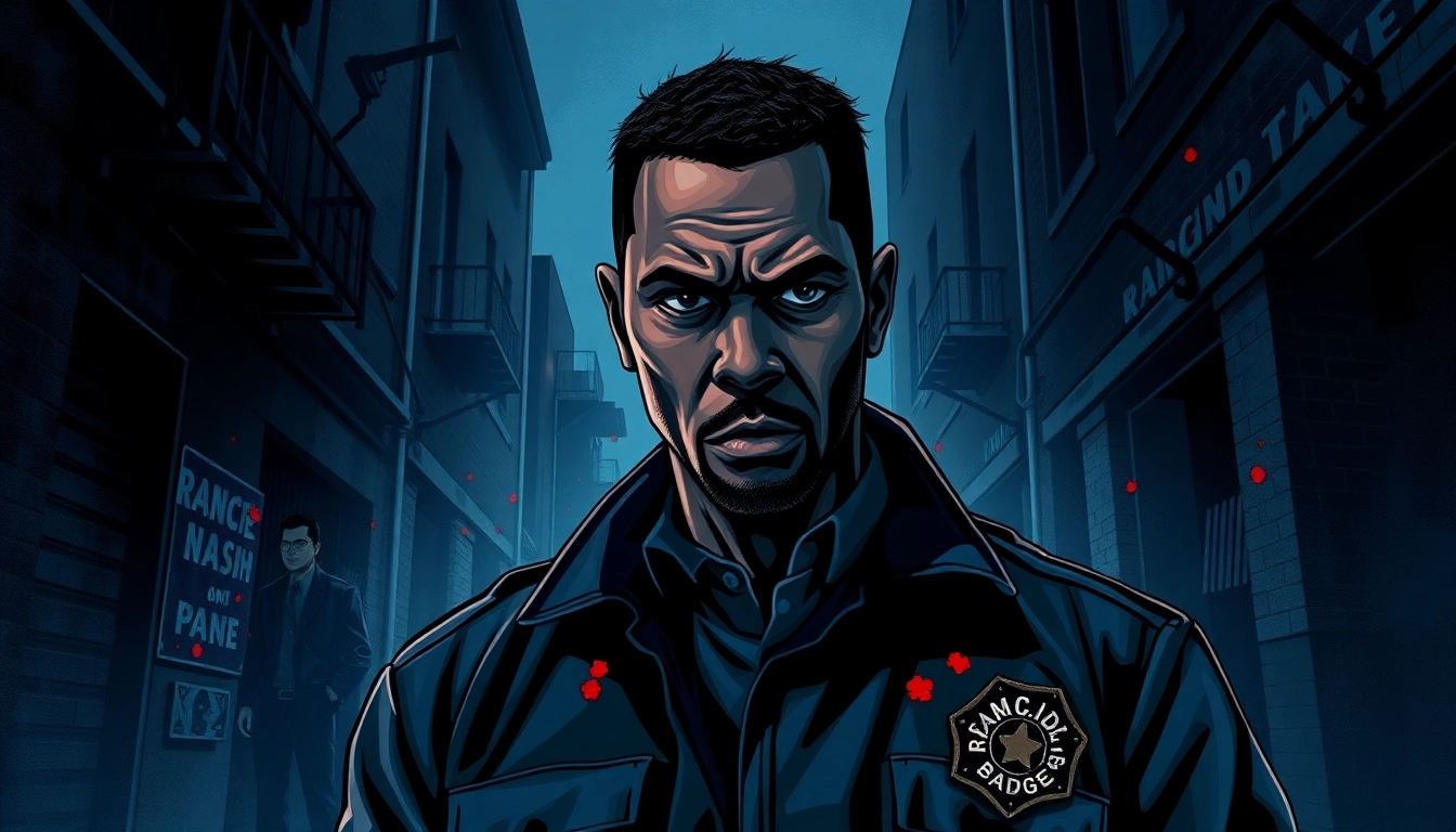 Engage with Rancid Badges, showcasing the intense cover of a crime thriller highlighting the protagonist in an urban setting.