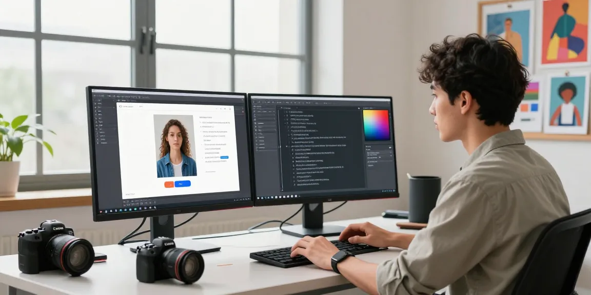 Creative professional using an ai prompt image generator at a sleek workstation with dual monitors and vibrant design tools.