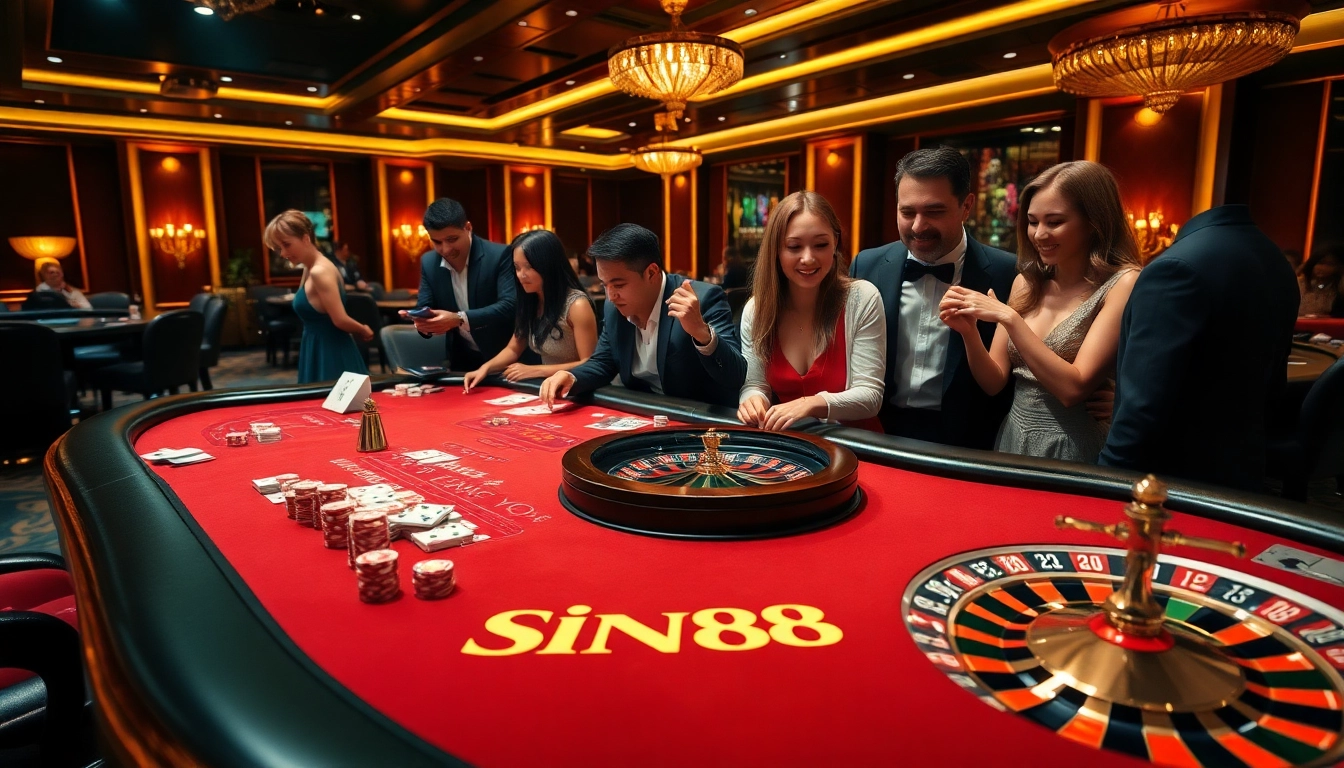 SIN88 poker players enjoying high-stakes betting in a luxurious casino setting
