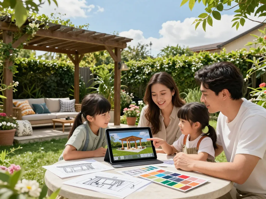 Family planning their ideal pergola using a pergola 3D planner in a vibrant outdoor setting.