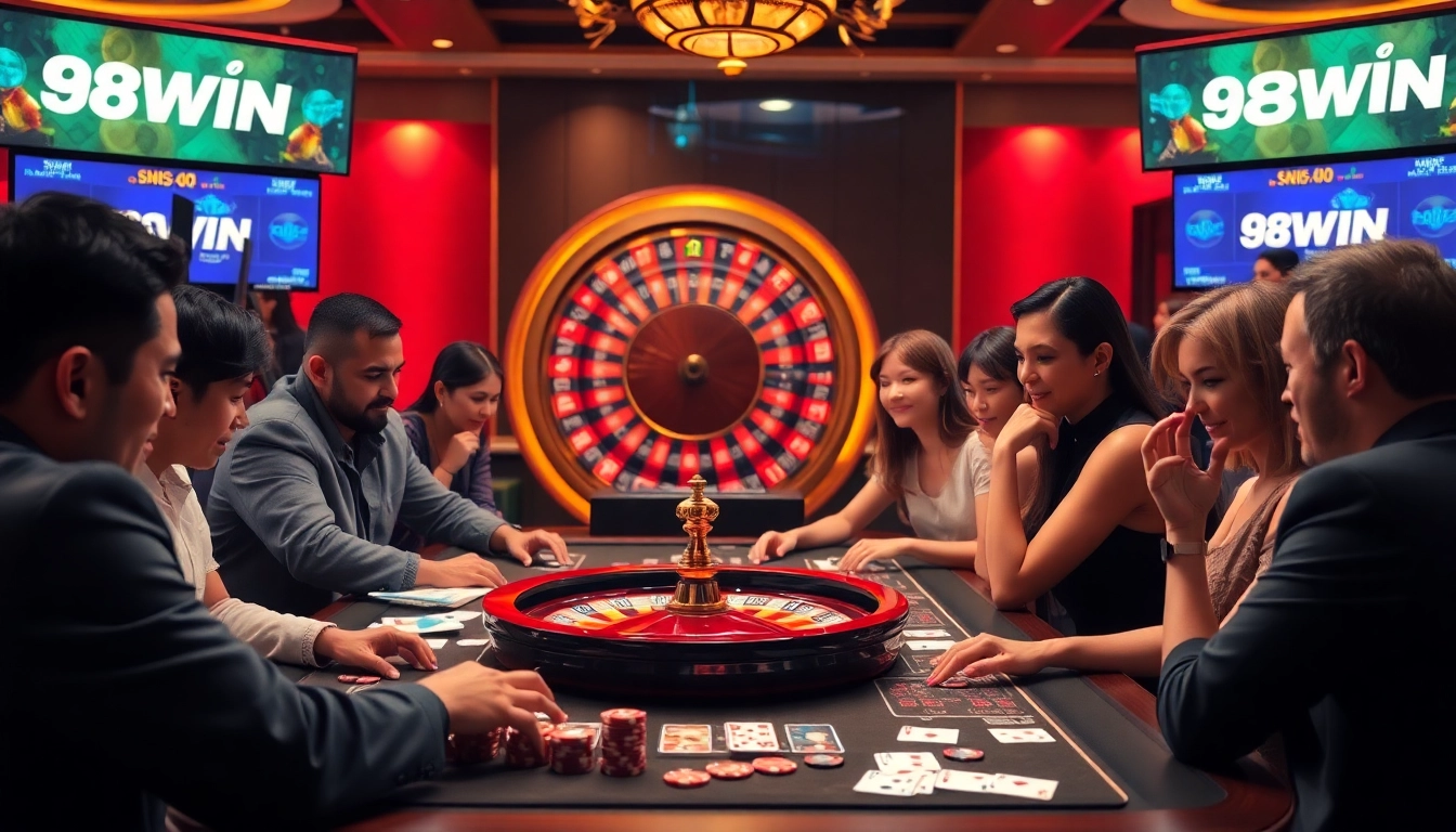 Experience the thrill of winning with 98WIN at a luxurious casino table surrounded by eager players.