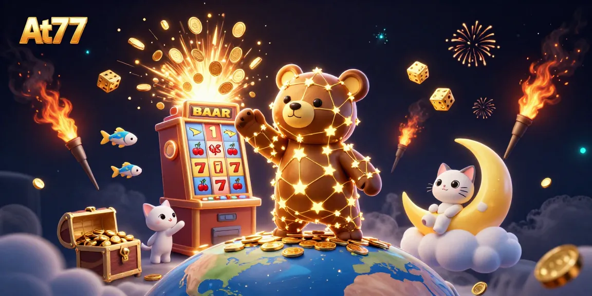 At77 enchants with a vibrant display of jackpot symbols and cosmic characters in a thrilling gaming ambiance.