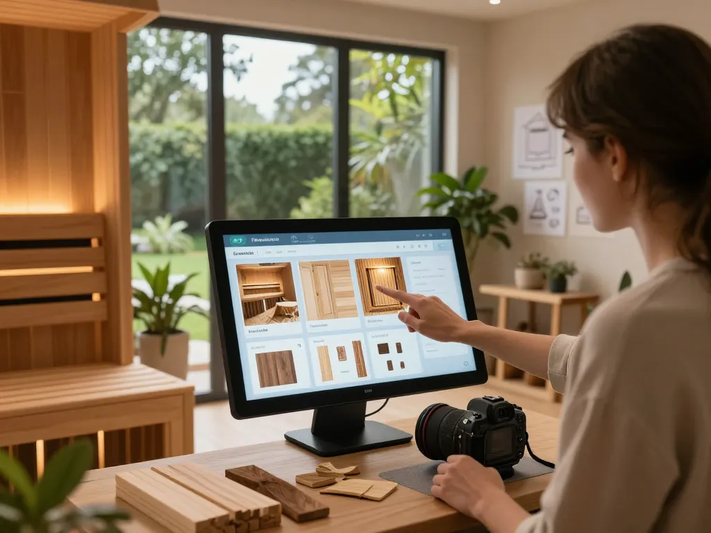 Sauna configurator interface in a serene design studio helping users customize their sauna.