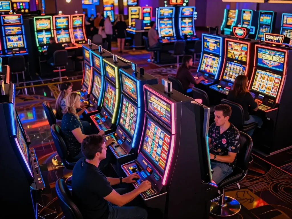 Players spin reels on slot777 machines in a lively casino environment filled with colorful lights and excitement.