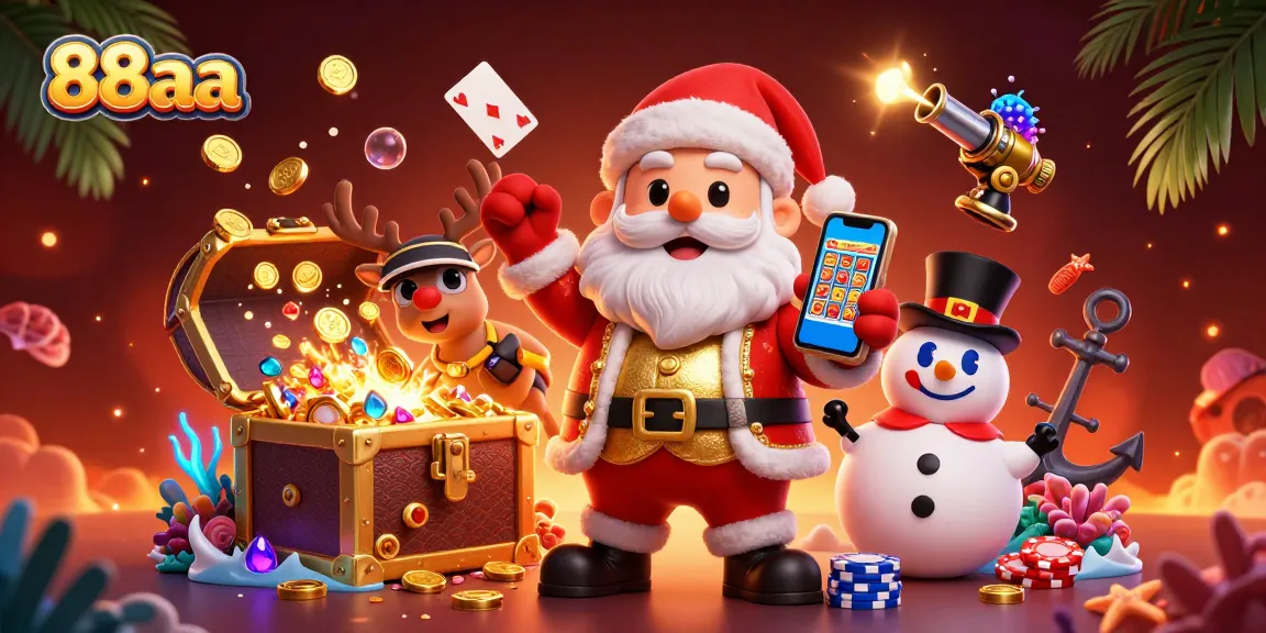 Spin to win big at 88aa casino, with Santa Claus celebrating jackpots amidst vibrant casino treasures.