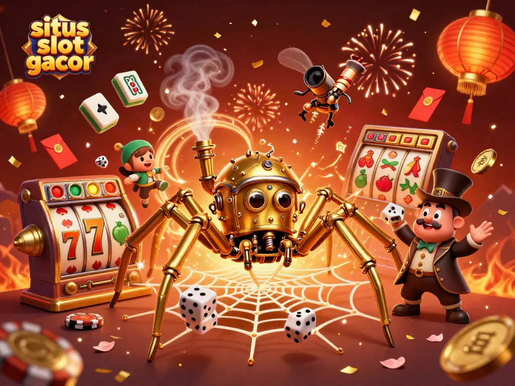 Menang di situs slot gacor dengan ilustrasi 3D yang menampilkan laba-laba steampunk menangkap dadu.