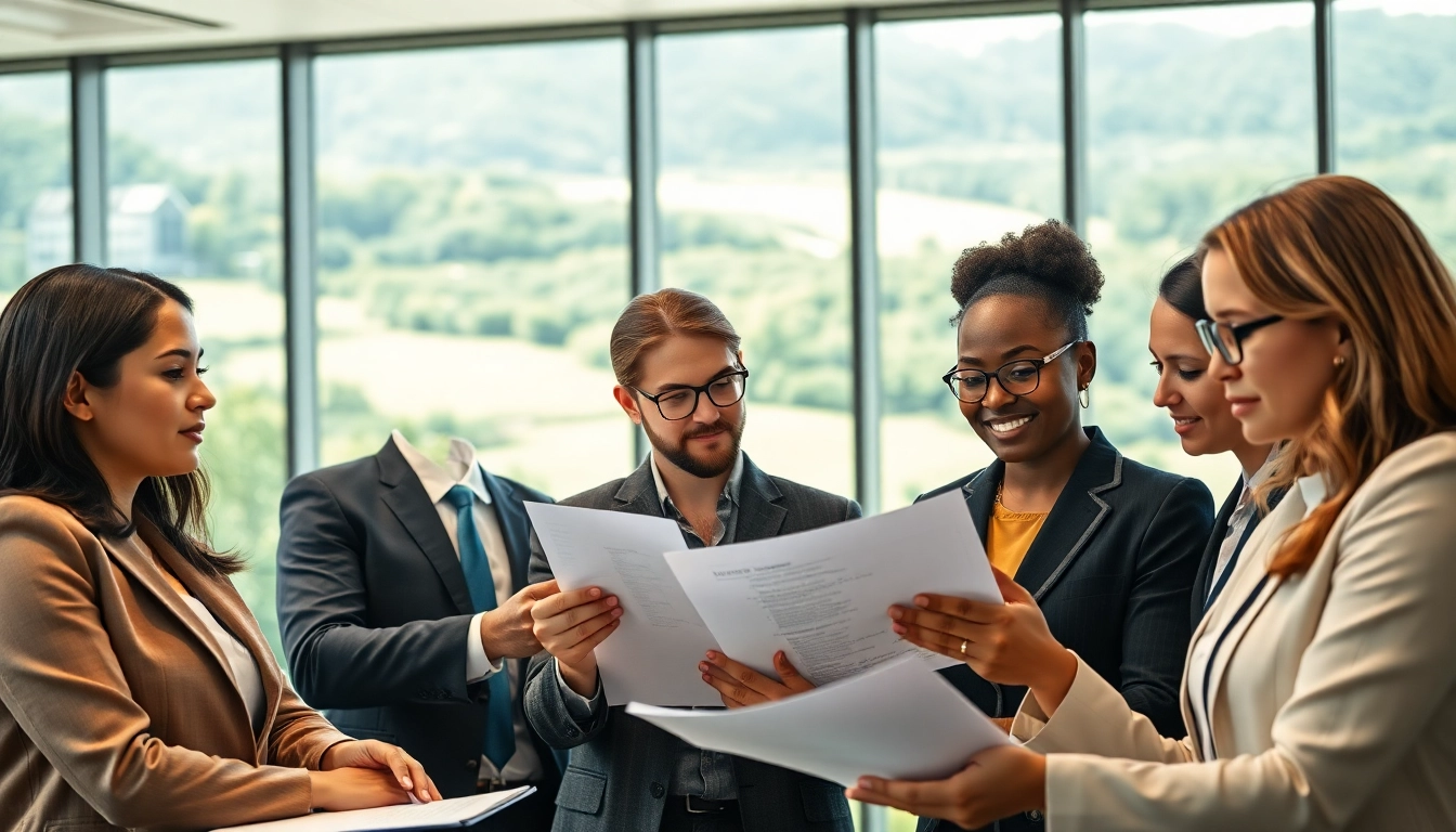 Attorneys from an environmental law firm analyzing legal documents in a collaborative office setting